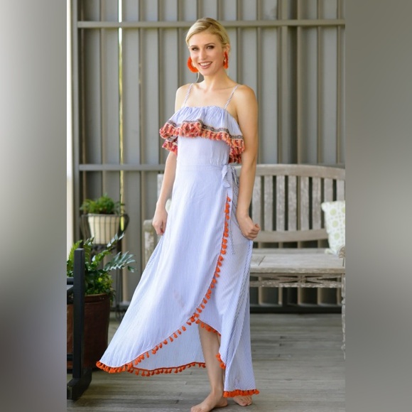 THML Wrap Maxi Dress Women’s Large Blue White Stripe Tribal Fringe Tassels lined - Picture 10 of 10